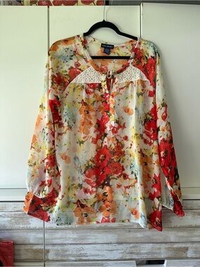 🌸 SML Sport Floral Peasant Blouse Lace Tie Neck Sheer Long Sleeve Size L
